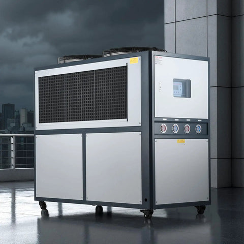 Hardcore Industrial Air Cooled Water Chiller With Dual High Output Compressors And A Massive Fifty Three Gallon Tank showcased outdoors.