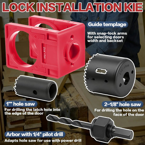 Pro Grade Aluminum Door Hinge Jig And Lock Installation Kit Heavy Duty Router Template with various hole saws and guide template.