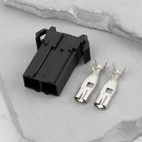 Rock Solid 2 Pin Fuse Holder Fixed Socket Drops Right In For No Sweat MPN 601047 with metal connectors on a light surface.