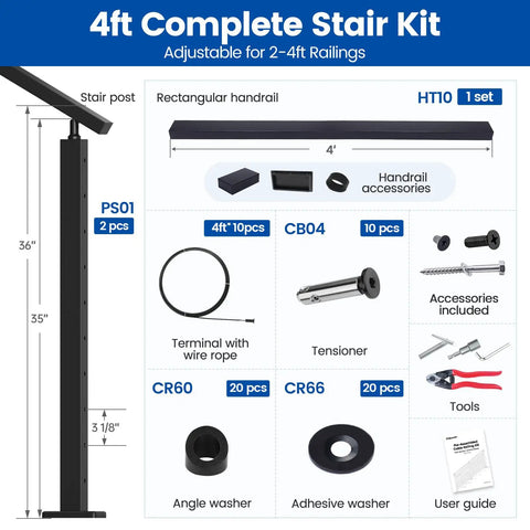 Full Size Pre Crimped Cable Railing Kit For Stairs 36 Inch components layout with stair post, handrail, and accessories set.