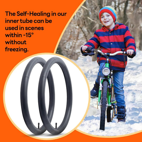 Self Sealing Bike Inner Tubes 20x1.75 to 2.125 AV32mm with Schrader Valve next to child riding bike in snow.