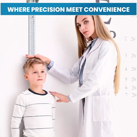 Professional Wall Mounted Stadiometer With Pro Grade Telescopic Metal Height Rod MR-230, Precise Height Measurement Tool For Clinics, Up To 90 Inches, Footpiece Positioner, Durable Medical Grade, doctor measuring child's height