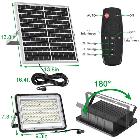 Set It And Forget It 200W Solar Flood Light Outdoor With 1500 Lumens Dual White Floodlights, remote, and 16.4 ft cable shown