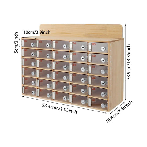 Gear Up And Lock It Down With This 30 Slot Cell Phone Locker Featuring Individual Keyed Covers Heavy Duty Wood And Acrylic Panels Wall Or Desk Stand Setup Smooth Storage For Tight Offices And Classrooms dimensions with clear acrylic fronts and wooden frame.