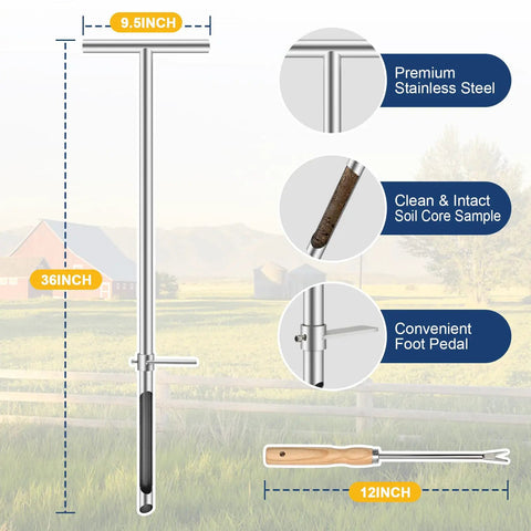 36 Inch Stainless Steel Soil Sampler Probe With T Handle For Precise Core Sampling in Lawn Garden And Farm Settings Features