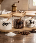 Three Pack Clear Glass Jars With Lids And Spoon On Bamboo Tray For Coffee Beans Sugar Tea Condiments A Handy Storage Set.