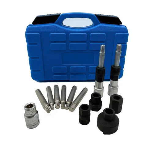 Rock Solid 13 Piece Engine Pulley Disassembly Set For Your Ride With Heavy Duty Wrench Tools To Break Down Belts And Fix Slipping Issues Like A Boss, blue case and bits