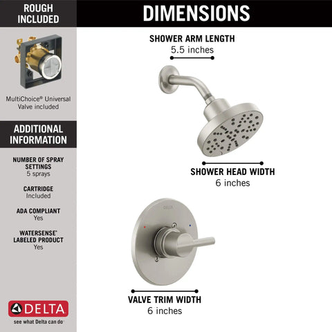 Dimensions of Nicoli 14 Series H2Okinetic Shower Faucet Set With Brushed Nickel Finish, including shower head and valve trim