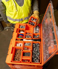 Worker using MODBOX Replacement Bins Four Pack Rectangle and Square Bins for Short Component Boxes with Removable Dividers