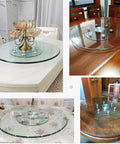 Large Round Clear Tempered Glass Lazy Susan Turntable on dining tables, showcasing smooth spinning for serving and centerpiece use.