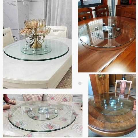 Large Round Clear Tempered Glass Lazy Susan Turntable on dining tables, showcasing smooth spinning for serving and centerpiece use.