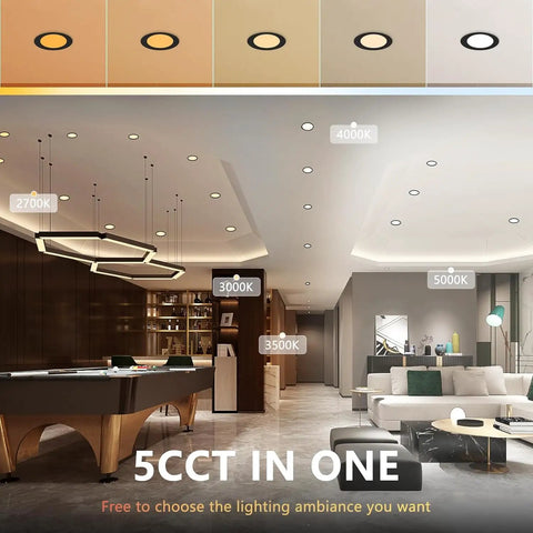 Living room with Black Recessed Canless 4 Inch Wafer Pot Lighting, showing 5 color temperatures from 2700K to 5000K.