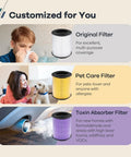 P200S P200 Pro Air Purifier Replacement Filter options for pet hair, toxin absorption, original filter in white, yellow, purple.