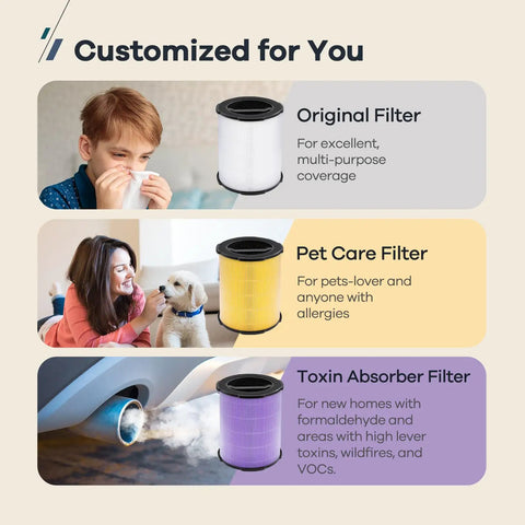 P200S P200 Pro Air Purifier Replacement Filter options for pet hair, toxin absorption, original filter in white, yellow, purple.