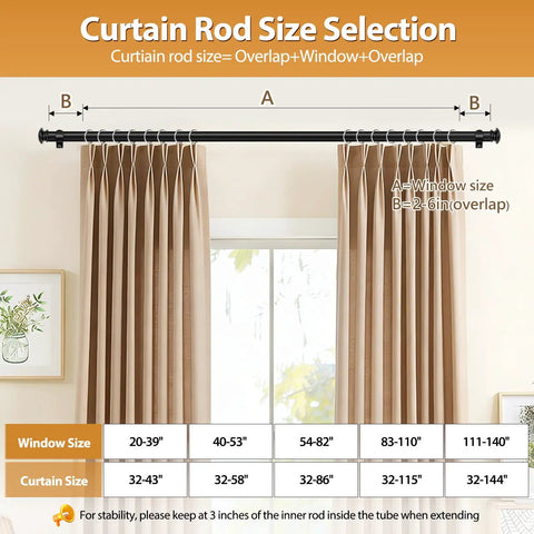 Diagram showing Telescoping Curtain Rod Adjustable From 32 To 58 Inches And 20 To 53 Inches Splicing Design in a window setup.