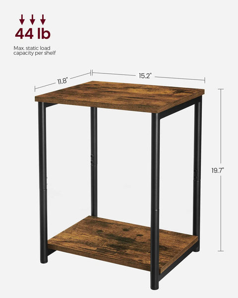Set Of Two Industrial Style End Tables With Rustic Brown Tops And Matte Black Steel Frames, dimensions shown