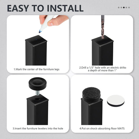 Installation steps for Fourteen Pack Furniture Leveling Feet Set With One Quarter Inch Thread, including marking, drilling, and inserting levelers.