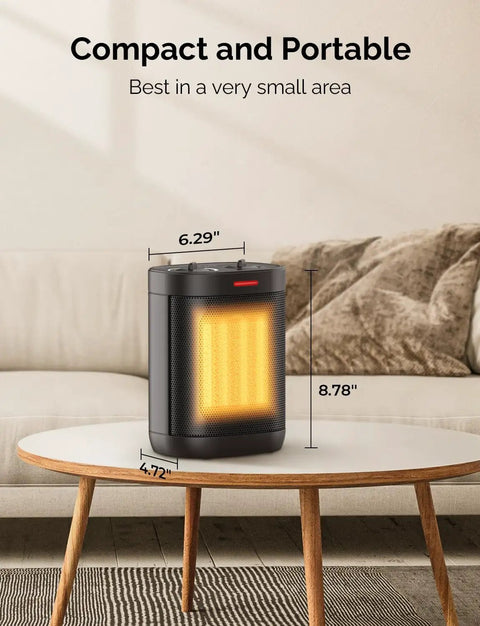 Powerful 1500W Portable Ceramic Space Heater With Thermostat on round coffee table in living room