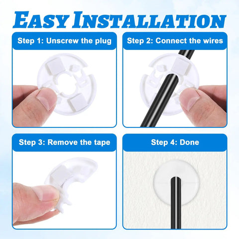 Four Pack Wall Grommets For Cables, 1.57 Inch Diameter, White Plastic Cable Pass Through Covers, Snap On Grommets For Furniture Wire Holes, Durable Bushing Covers To Protect Wires From Wear, installed in wall hole