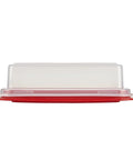 Heavy Duty Butter Dish With Clear Cover That Is Dishwasher Safe Durable Thick Plastic White Base 7.8 By 3.1 By 2.1 Inches Colors May Vary Keeps Butter Fresh And Ready To Spread showing side view of clear cover with red base