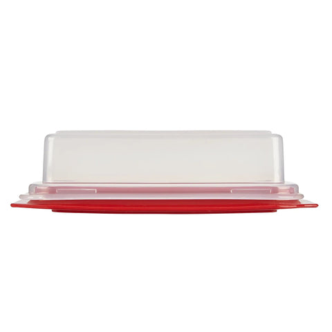 Heavy Duty Butter Dish With Clear Cover That Is Dishwasher Safe Durable Thick Plastic White Base 7.8 By 3.1 By 2.1 Inches Colors May Vary Keeps Butter Fresh And Ready To Spread showing side view of clear cover with red base
