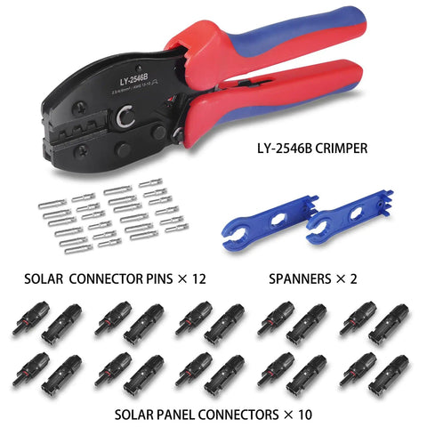 All-In-One Solar Panel Replacement Tools Kit With 47 Piece Set Including 10 Pairs Connectors, 12 Pairs Pins, 2 Spanners And 1 Wire Crimper For 13-10 AWG Cables 2.5/4/6 mm2, Great For PV Wiring And Maintenance displayed