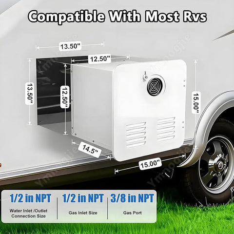 Dimensions and connectivity details of Killer Slick Tankless Instant Gas Water Heater With 55000 BTU For RVs And Campers.
