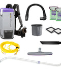 Heavy Duty Commercial Backpack Vacuum Corded With Adjustable Telescoping Wand Tool Kit Six Quart Capacity For Professional Janitorial And Facility Cleaning Gray Built Like A Tank with accessories.