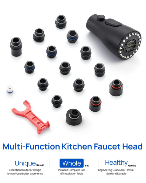 Top Shelf Slick Pull Down Kitchen Faucet Sprayer Head Replacement In Matte Black With Heavy Duty Connectors and tools displayed.