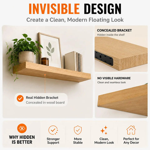 Two Pack 22 Inch Heavy Duty Floating Shelf Brackets With Complete Installation Kit showing hidden brackets and seamless design.