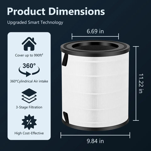 Replacement Filter For Levoit LV-H135 Air Purifier, 3-In-1 High-Efficiency Activated Carbon HEPA Filter, LV-H135-RF dimensions guide