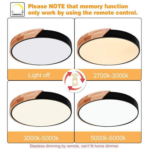 Dimmable 19 Inch Round LED Ceiling Light With Remote showing off, 2700K-3000K, 3000K-5000K, 5000K-6000K color settings.