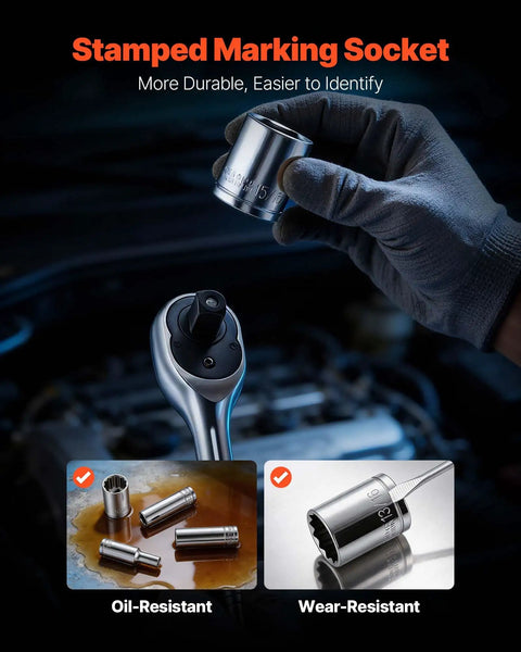 Gloved hand holding a socket from Durable 297-Piece Mechanic Tool Set With Quarter Inch, Three Eighths Inch, And Half Inch Drive Sockets