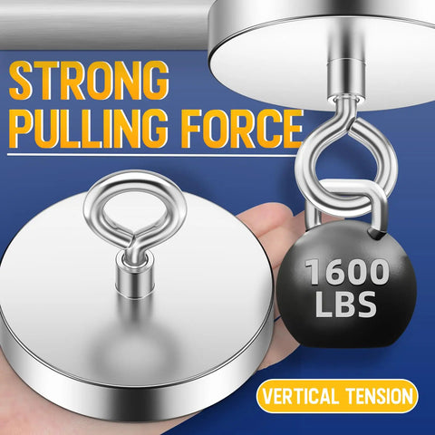 Heavy Duty Fishing Magnet Set With 1600 Lbs Pulling Power showing metal magnet and text 'Strong Pulling Force'