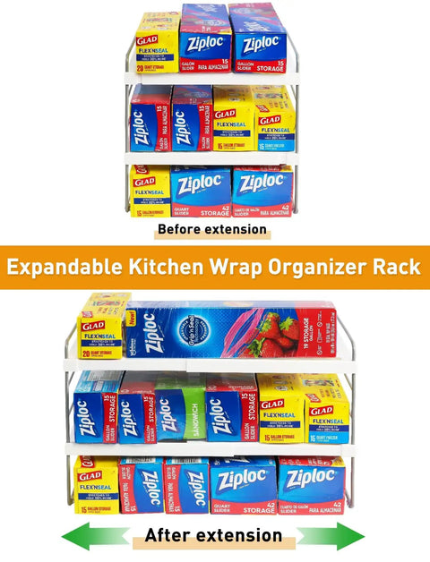 Expandable Foil And Plastic Wrap Organizer, 3-Tier Height Adjustable Kitchen Cabinet Rack showing before and after extension