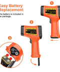 Infrared Temp Gun With 50 to 1 Distance Ratio Measures Minus 58F To 2732F Laser Temperature Tool showing battery replacement steps