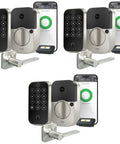 Rock Solid Smart Deadbolt With Wireless Wifi And Touchscreen Keypad For Hassle Free Keyless Entry Tight Auto Lock Security And Sleek Passage Lever Handle In Satin Nickel Pack Of Three with smartphone.