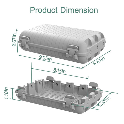 Tough As Nails Outdoor Waterproof Electrical Box dimensions, 9.05 x 6.61 x 2.67 inches, grey housing for outdoor use.