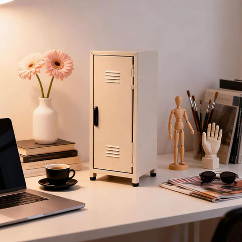 Amp Up Your Desk Setup With This Super Cute Mini Metal Locker Set Of Two Compact Desktop Money Safe With Lock Keys Premium Gloss Stash Box For Cash Jewelry Snacks Light Pink And Yellow on a desk.