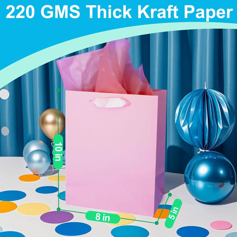 Eight Rainbow Gift Bags With Handles 8x5x10 Inches Kraft Paper Party Favor Bags With 16 Tissues in pink with colorful balloons