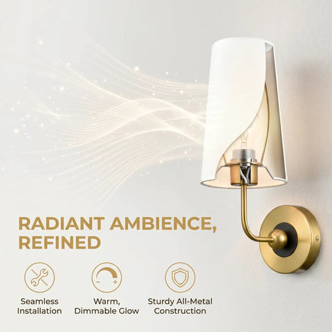 Gold Fabric Shade Wall Sconce Set of 2 - Modern 1-Light Hardwired Brass Wall Lamps with Brushed Gold Finish