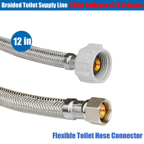 12 Pack Stainless Braided Toilet Water Supply Line 12 Inch Flexible Hose With Seven Eighths Ballcock To 3 Eighths Compression Fittings
