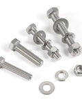Rock Solid 3/8-16 Hex Head Bolts With Lock Nuts And Flat Washers 304 Stainless Steel Full Threaded Hardware Kit components laid out.