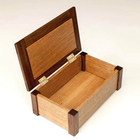 Open wooden box showing 8 Pack Brass Jewelry Box Hinges 1 Inch Gold Mini Hinges For DIY Craft Projects With Mounting Screws Ideal For Small Wooden Boxes Jewelry Chests Drawers Doors Closets on lid