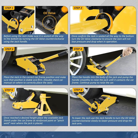 Instructions for using Two Ton Floor Jack With Jack Stands Set, Heavy Duty Hydraulic Trolley Car Jack For Auto Repair, Quick Lift Piston Pump, Steel Construction, Large Saddle, Casters, Safety Lock, Yellow.