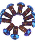 Kickass Titanium Finish M6 Stainless Steel Hex Bolts And Socket Screws For Motorcycle And Car Customs Hella Tough And Corrosion Resistant Burnt Blue Heads Pack Of Ten arranged in a circle.