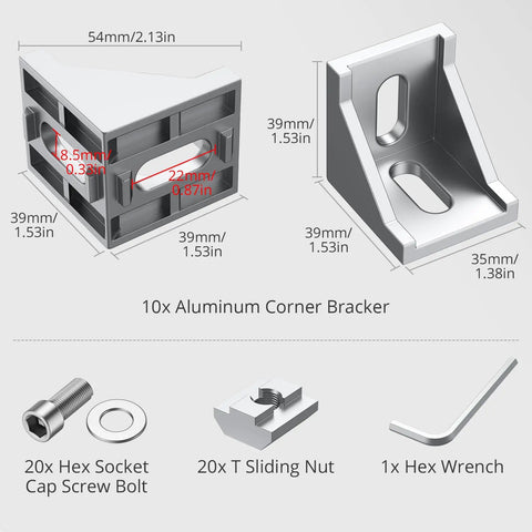 Sick 10 Pack 4040 Aluminum Extrusion Corner Brackets With T-Slot Complete Hardware Kit including sizes and components diagram.