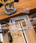 Top Shelf Hinge Mortising Jig Kit For Cabinets And Doors With Clear Acrylic Guide and Hex Wrenches for smooth router work.
