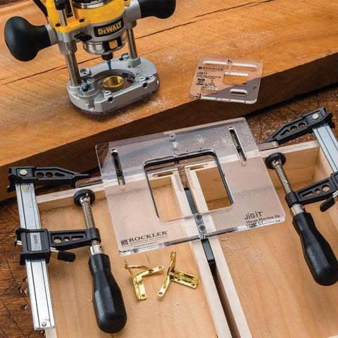 Top Shelf Hinge Mortising Jig Kit For Cabinets And Doors With Clear Acrylic Guide and Hex Wrenches for smooth router work.