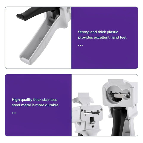 Top Rack 2 Pack Manual Dispensing Gun, 50ml Cartridge Base, close-up of squeeze handle and durable stainless steel metal.